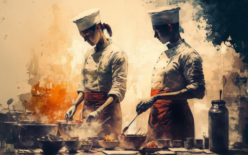 Watercolor painting of chefs in white uniforms cooking.