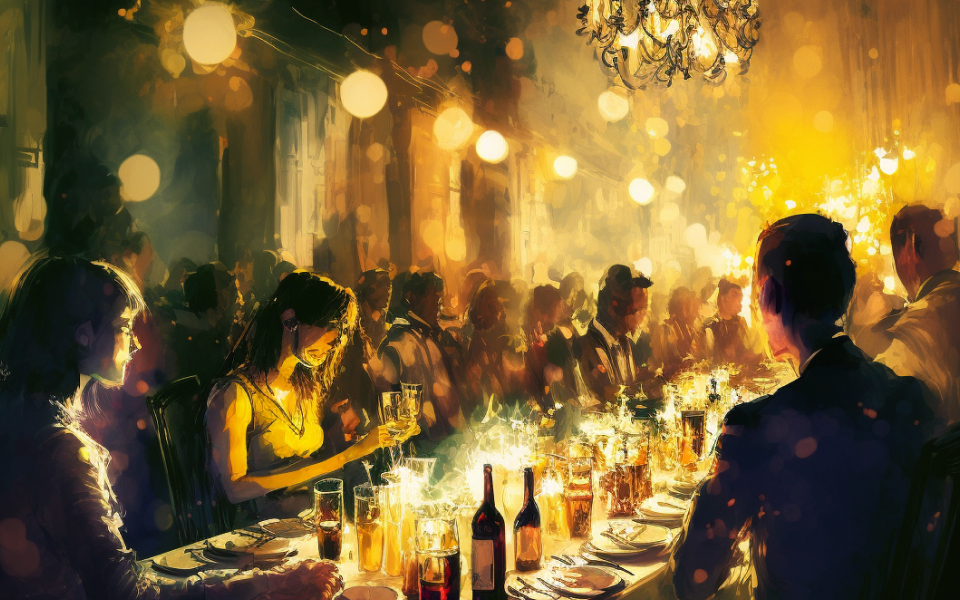 Watercolor painting of large vibrant dinner party at long table in beautiful classic restaurant.