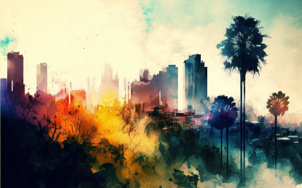 Watercolor painting of Downtown Los Angeles in daylight.