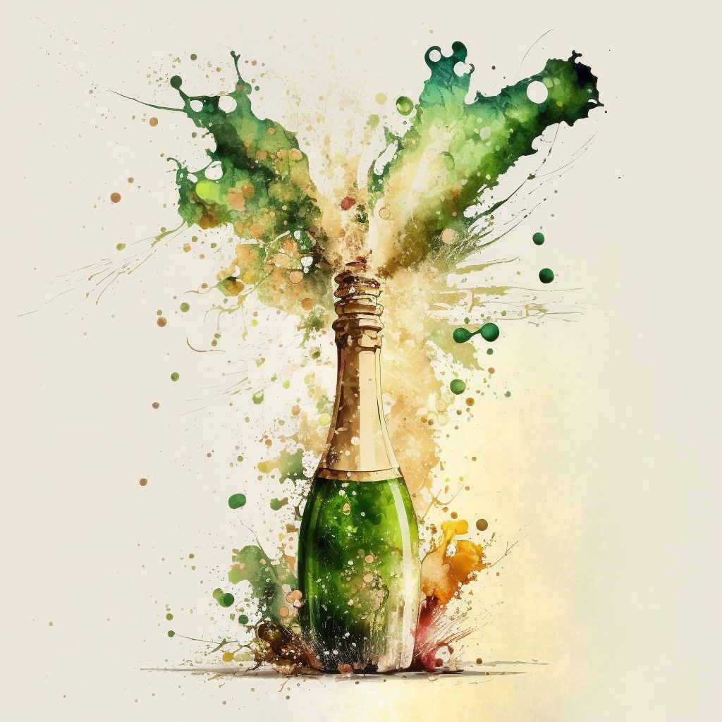 Watercolor painting of Champagne bottle popping.