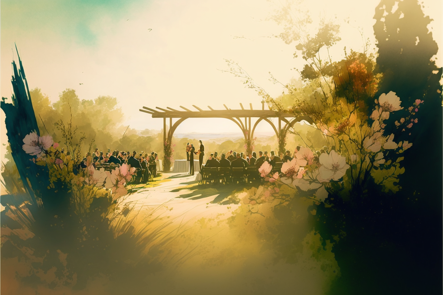 Watercolor painting of outdoor wedding.