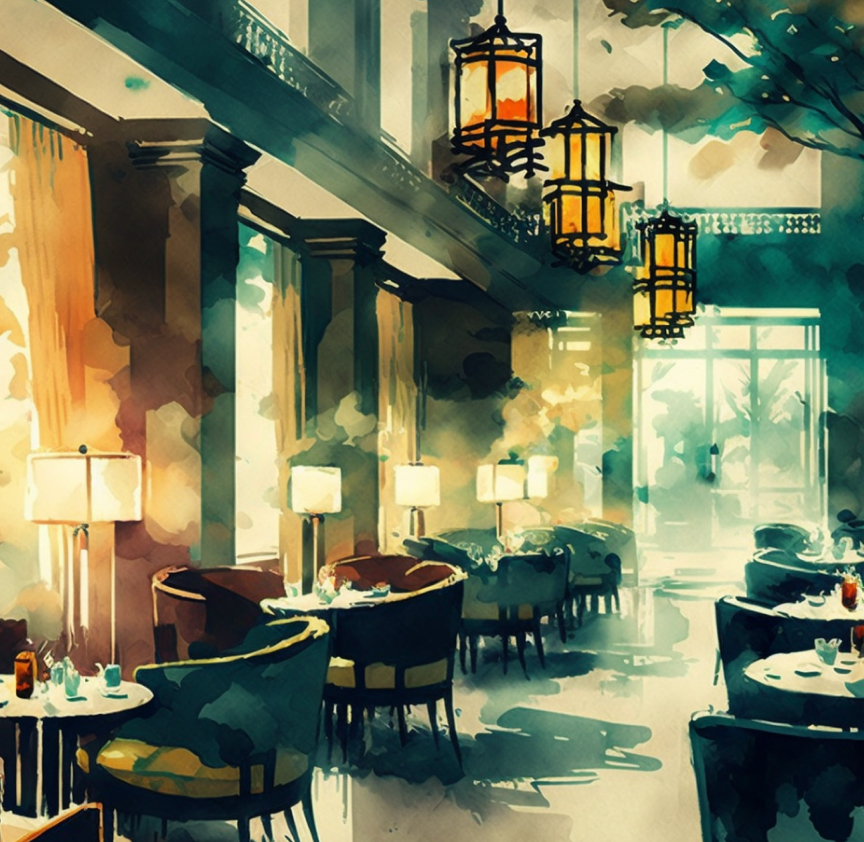 Watercolor painting of beautiful modern restaurant interior.