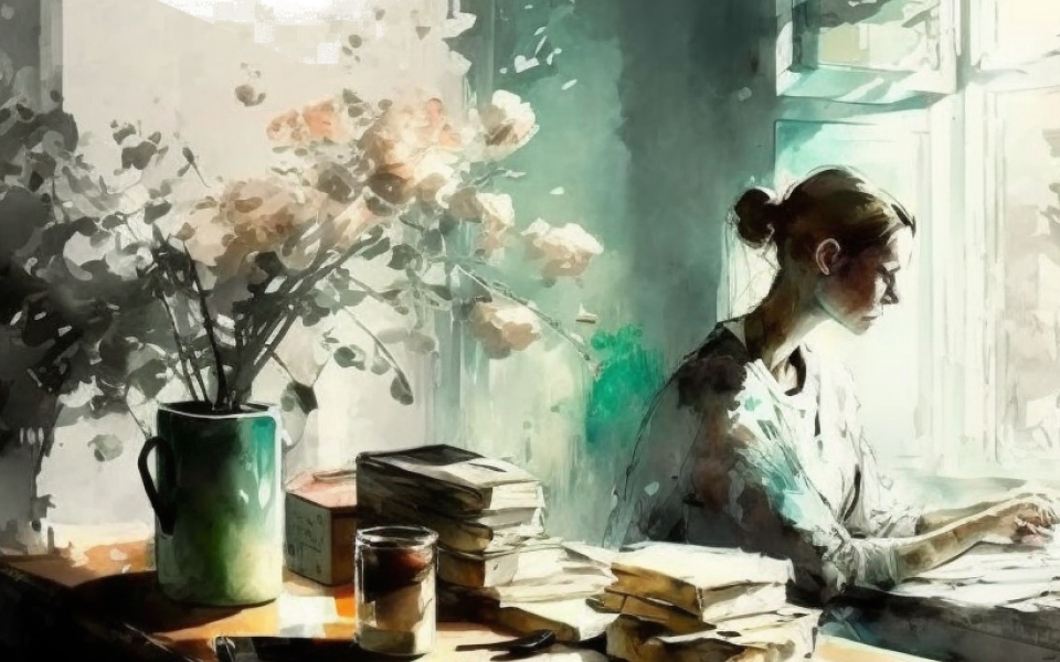 Watercolor painting of woman working at desk in office by window and large flower bouquet.